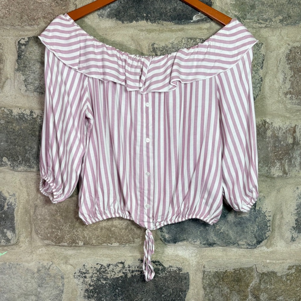 Pink Lemonade Women's Pink White Striped Off Shoulder Ruffle Crop Top Large